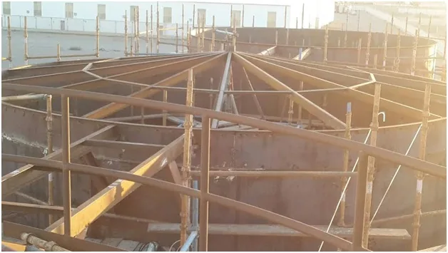 Roof fabrication for palm oil storage tanks.