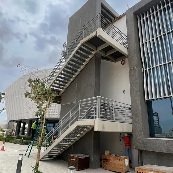Commercial building with external staircase.