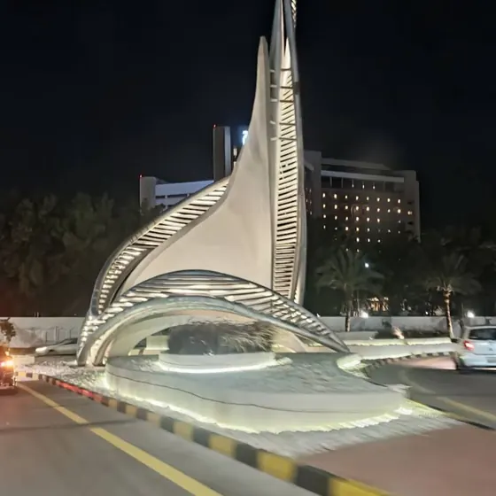 Stainless steel architectural landmark feature.