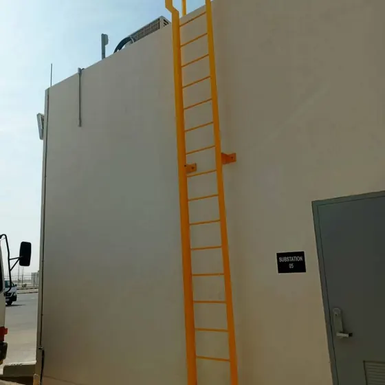 Caged access ladder fabrication and installation.